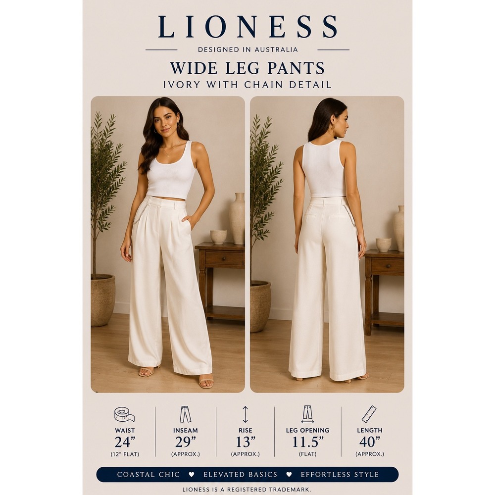 Lioness White Wide Leg Pleated Trousers with Chain Detail Size Small High‎ Waist
